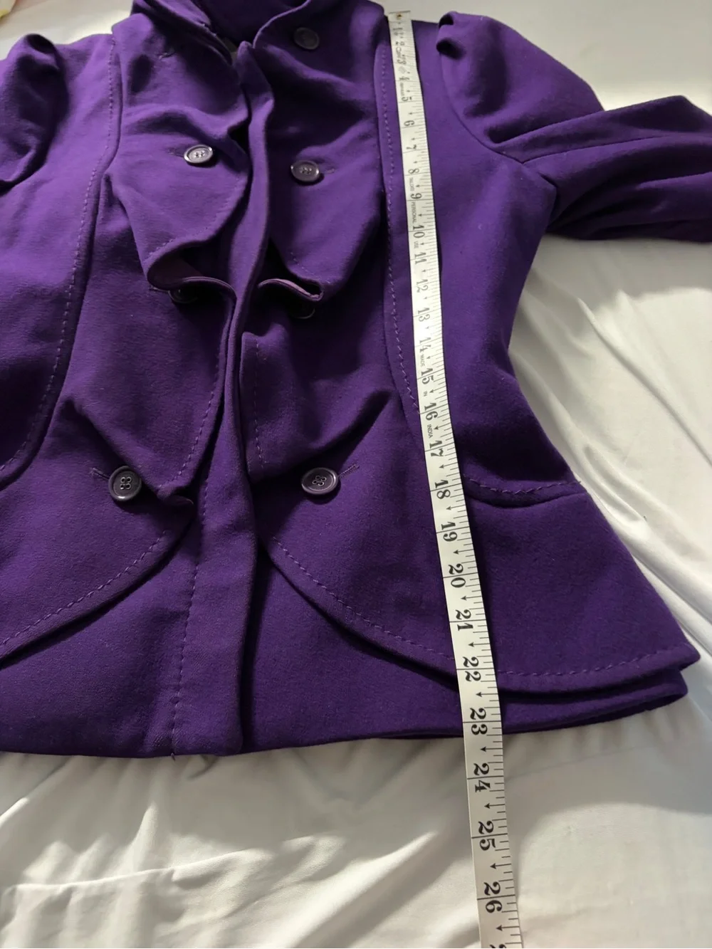 BCBGMaxAzria Purple Structured Ruffle Front Wool-Blend Coat and belted cuffs